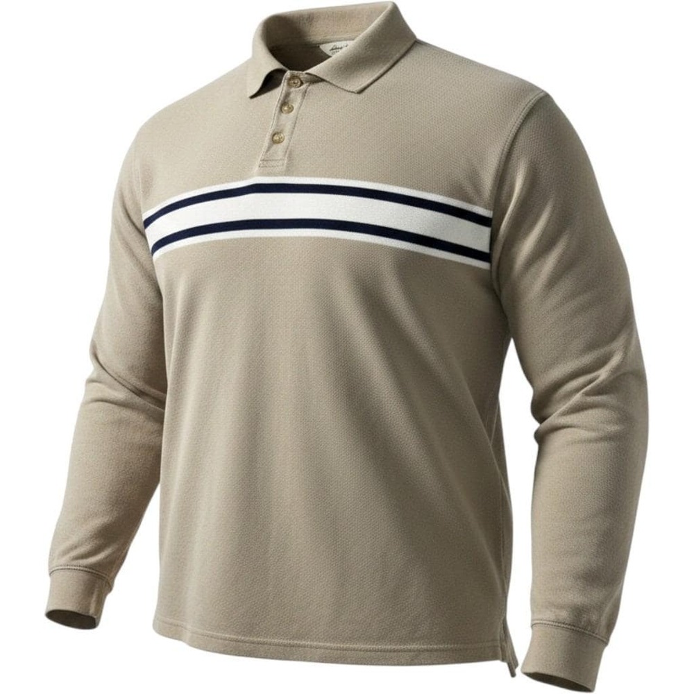 Vintage Eddie Bauer Long Sleeve Polo Shirt XXL Tan Stripe Rugby 100% Cotton Mens